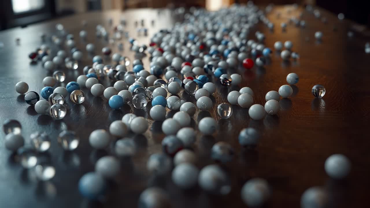 Pulling camera back bringing marble pile shifting subtly on dark wood table, revealing colors