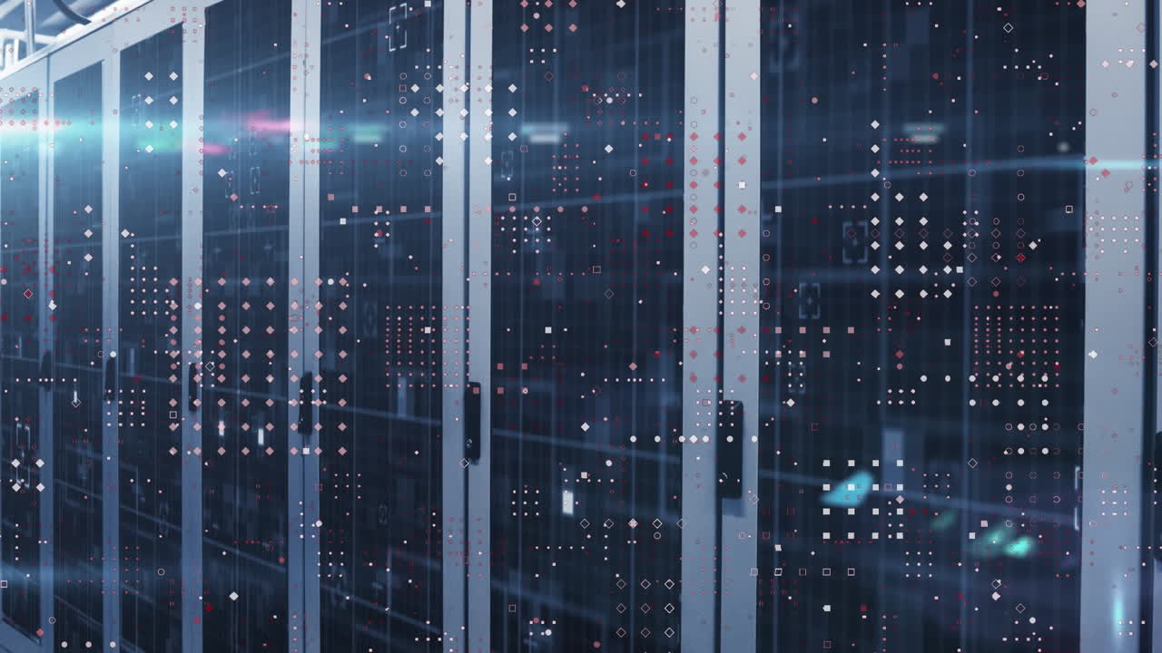 Animation of dots forming geometric shapes and lens flares against server room in background