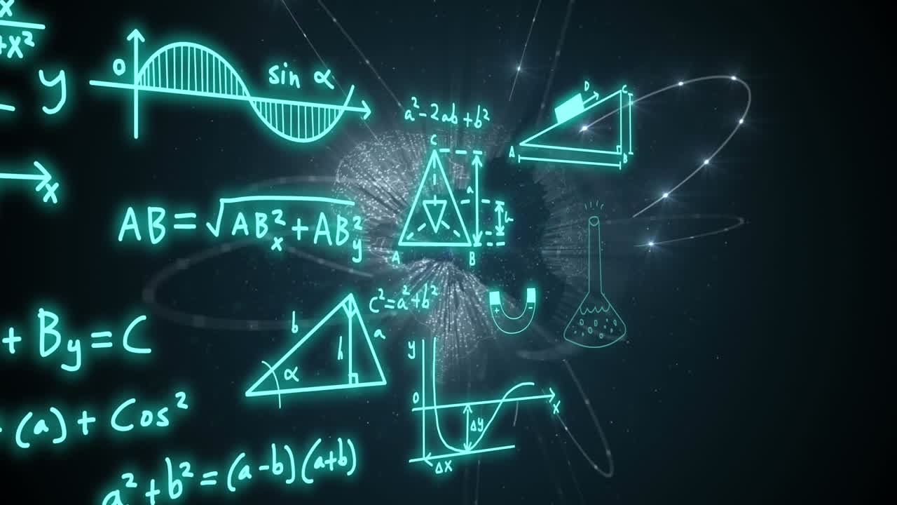 animación de fórmulas matemáticas y procesamiento de datos científicos sobre un fondo negro