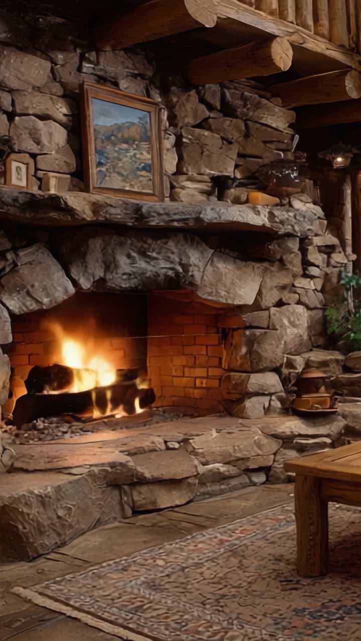 Accogliente Camino in Pietra in un Ambiente Rustico: Un'Atmosfera Calda e Invitante Messa in Risalto da Fiamme Scintillanti e Materiali Naturali in un Contesto Domestico