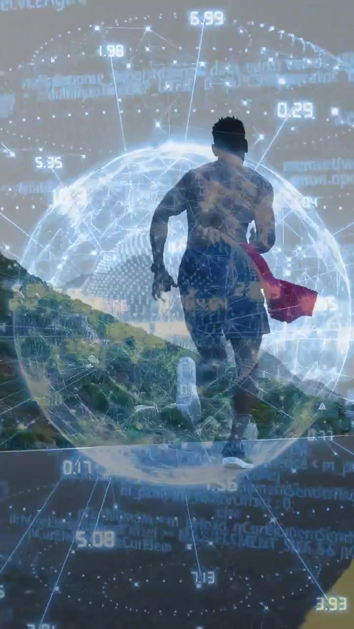 Vertical video: Male runner starting uphill road training, cam following, tech globe tracking waist