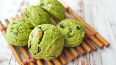 matcha cookies on bamboo tray