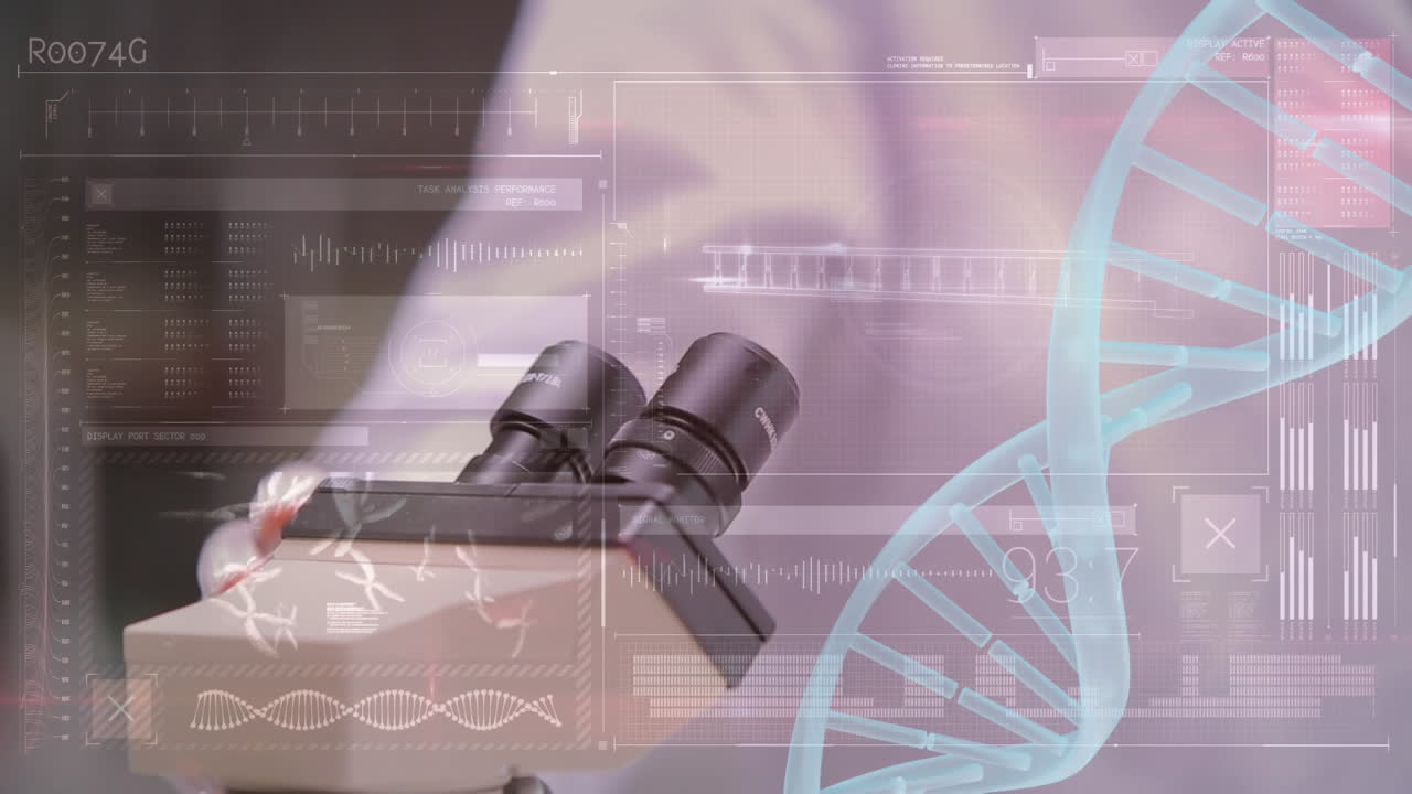 과학자 들 이 현미경 을 들여다보고 있다