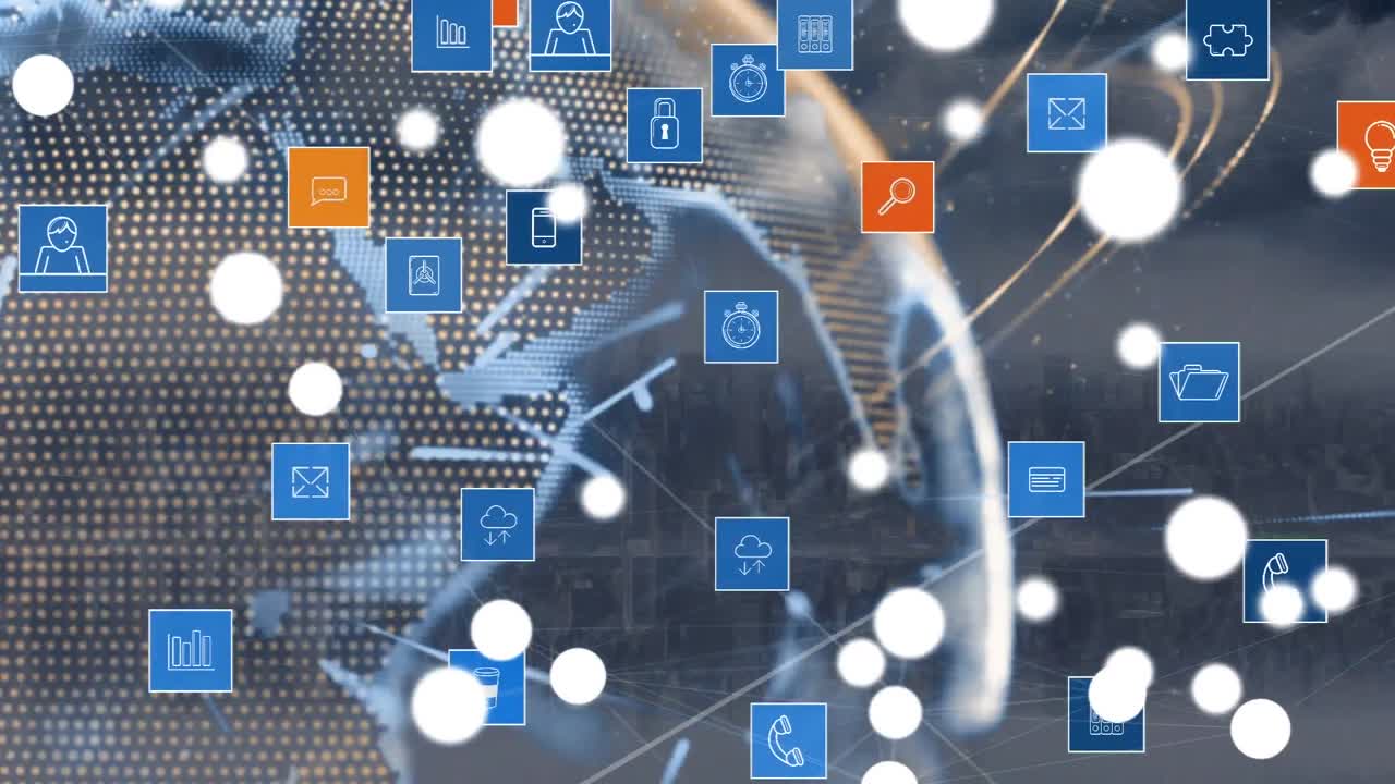 도시 풍경 위의 아이콘으로 연결된 네트워크의 애니메이션