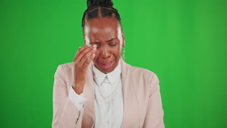 Business-woman,-crying-and-tissue-on-green-screen