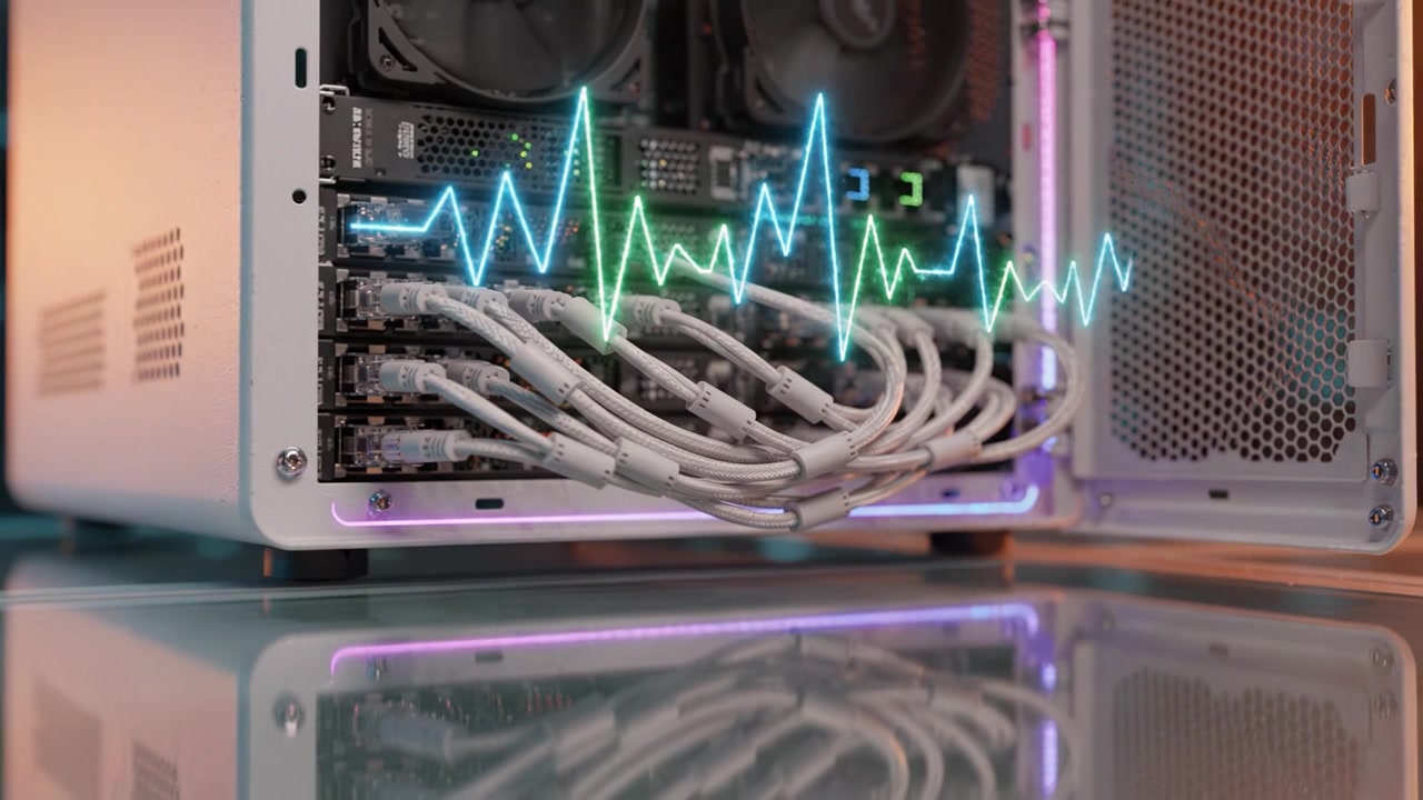 An Advanced Computing Setup Featuring a Server Case with Interconnected Components and Real-Time Data Visualization Displaying Heartbeat Waves