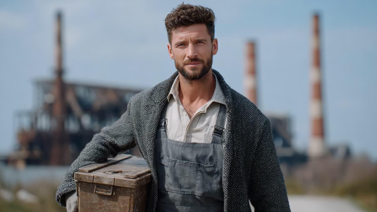 A Determined Worker Poses Confidently with a Toolbox Against a Background of Industrial Chimneys and Machinery, Highlighting Strength and Resilience in Labor
