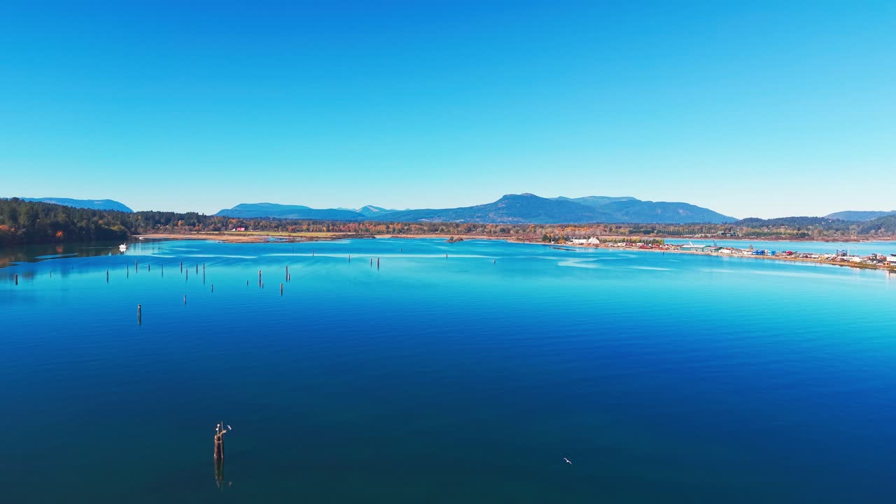 穏やかな青い水、海岸線の湿地、そしてブリティッシュコロンビア州バンクーバー島の澄んだ空の下、遠くの山々を望むカウチンバレー湾の広大な空撮