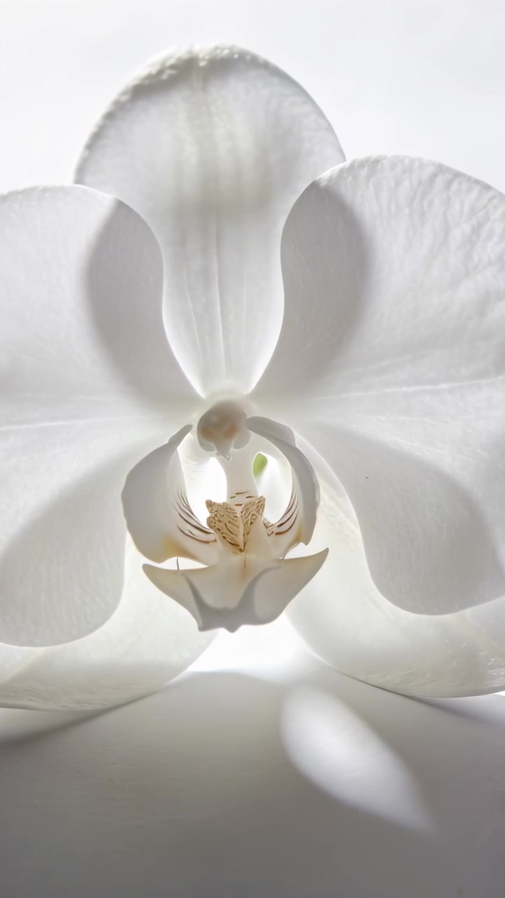 Video verticale: Messa a fuoco dinamica, lente e luce che rivelano il labello di un'orchidea in studio per un dettaglio ravvicinato.