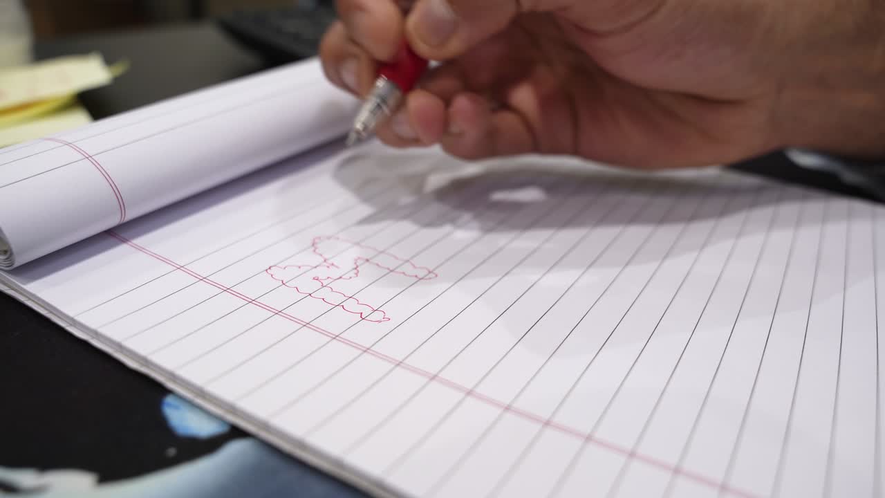 Close-up of a hand writing the word My in a lined notebook with a red pen on a desk under soft indoor lighting, showing note taking and handwriting detail