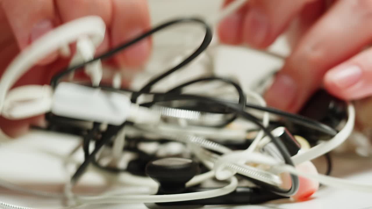 Young woman trying to untangle the headphones close-up. Tangled wires on table. Trying to untangle many messy cables