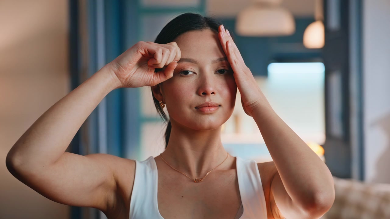 Close up asian woman facial massage at home. Beauty routine face yoga skin