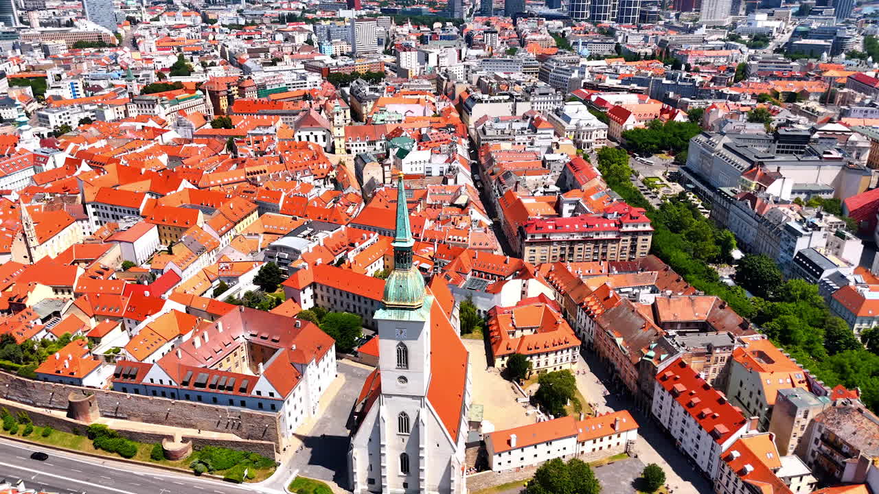 Church in the historical part of the old town of Bratislava. Aerial perspective on the historical part the capital of Slovakia
