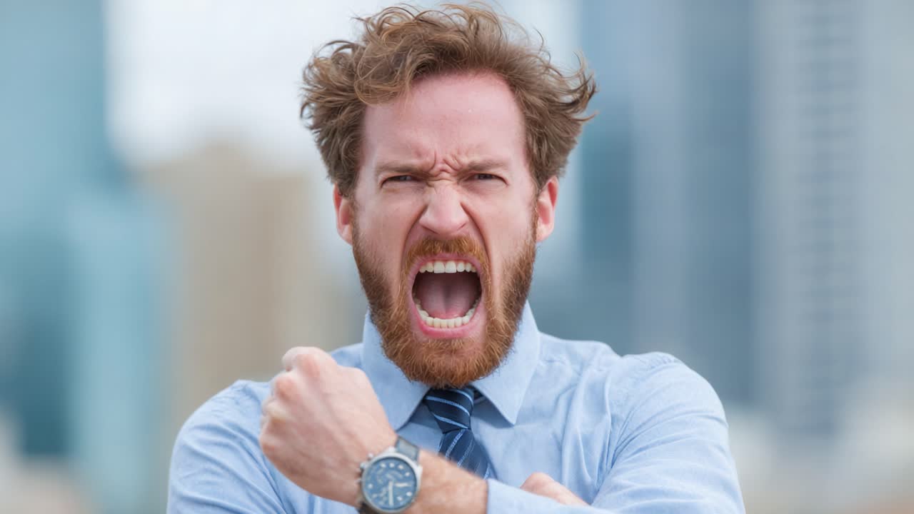 Um empresário irritado expressando frustração com explosão emocional e punho cerrado contra um plano de fundo de paisagem urbana capturado em um momento dinâmico