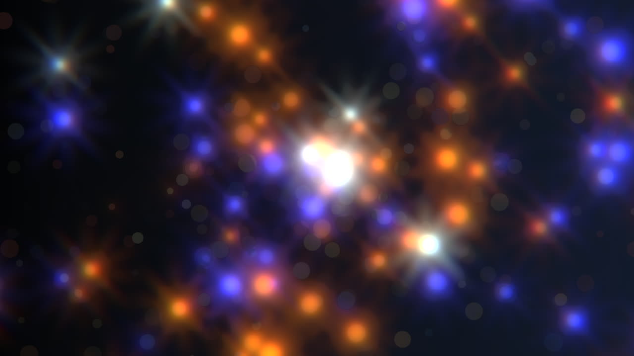 Multi coloured bright sparkling exploding stars illuminate black space
