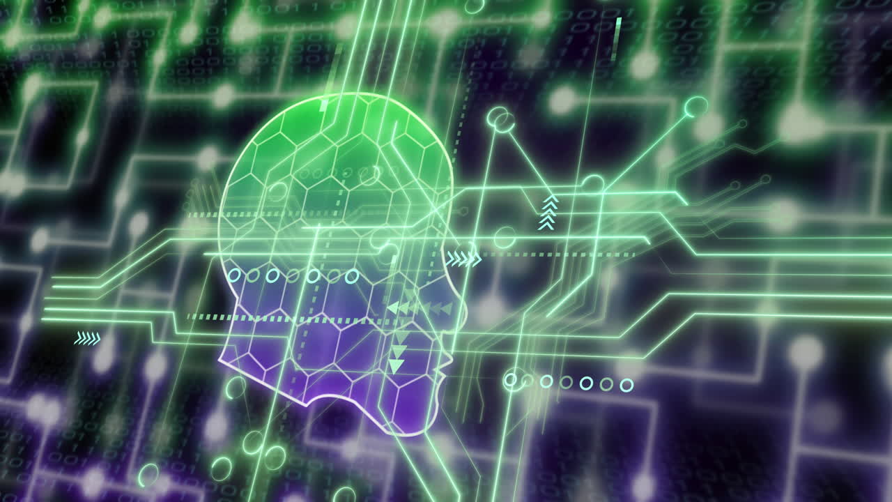 Animation of online digital head, data processing over computer circuit board