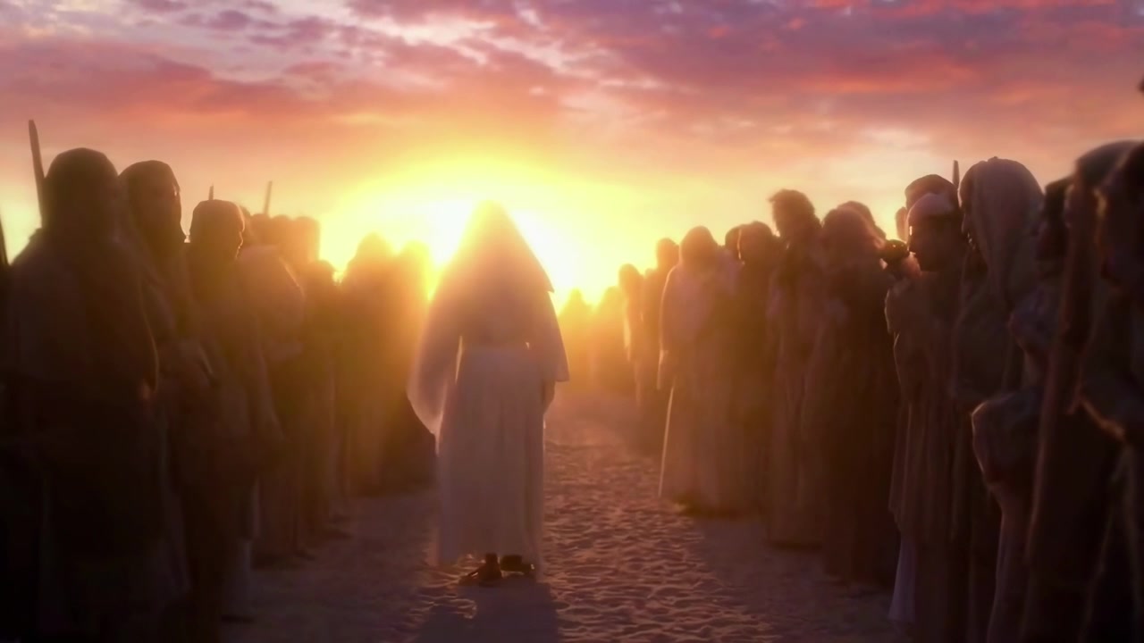 Figure in White Robe Walking Through a Crowd at Sunset