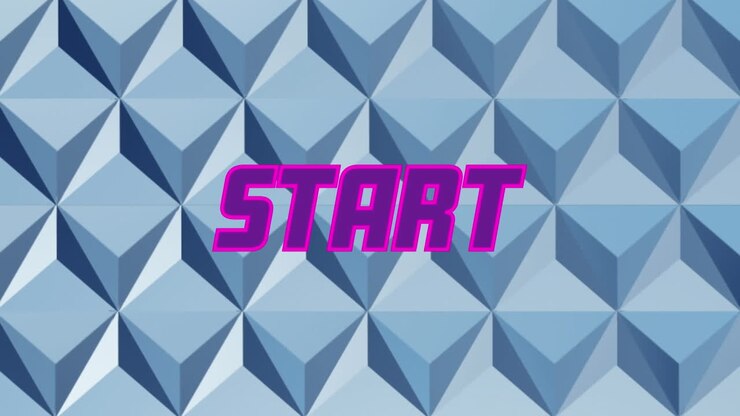 Purple start text against abstract 3d shapes in seamless pattern on blue background