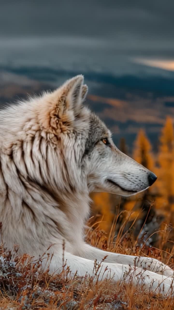 A Majestic Wolf in Tranquil Wilderness: Captivating Close-Up Capturing the Beauty of Nature and Wildlife in Autumn Scenery