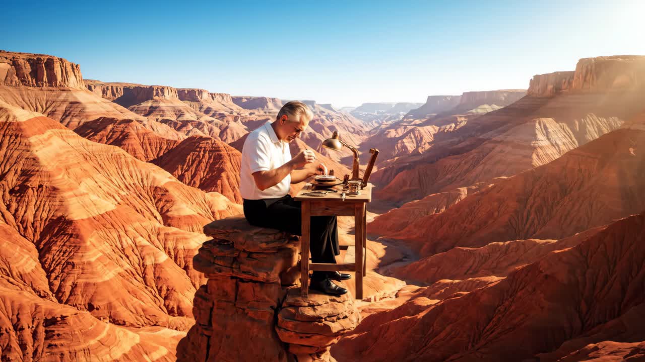 Man crafting at the edge of a canyon