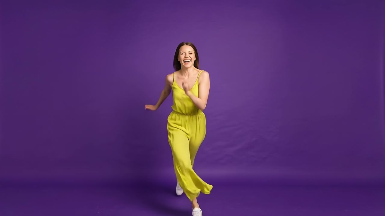 Jovem mulher vestindo um macacão verde-limão dançando entusiasticamente contra um fundo roxo escuro.
