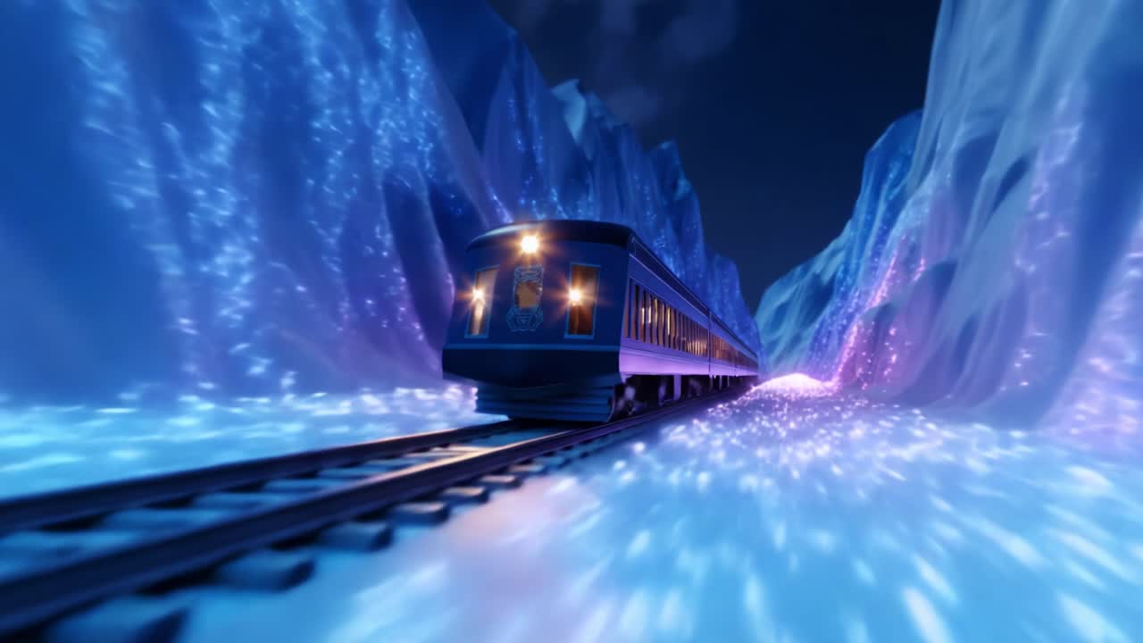 A breathtakingly vivid journey on a futuristic train gliding through a magical icy landscape, illuminated by brilliant glowing lights shimmering off the crystalline formations lining the track