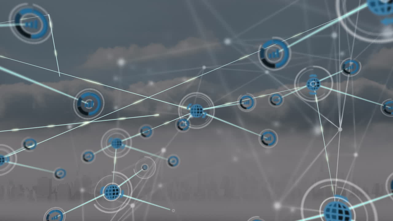 이 비디오는 도시 풍경을 그 위에 연결된 네트워크로 묘사합니다.