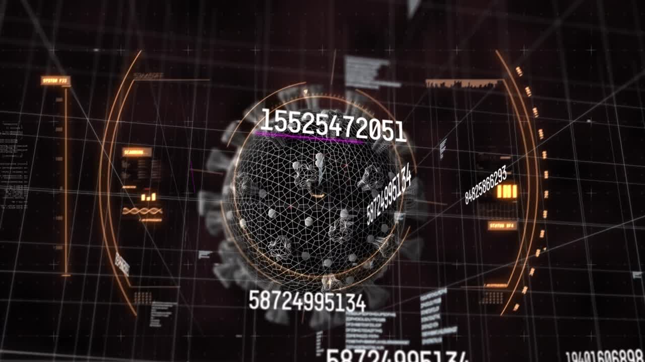 Animazione di cellule virali e numeri con elaborazione dati