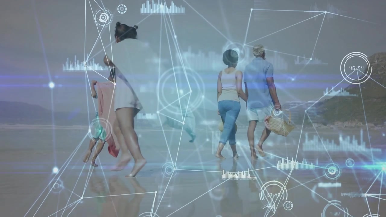 Family walking wet sand toward horizon, children running and driving tech HUD overlay animating