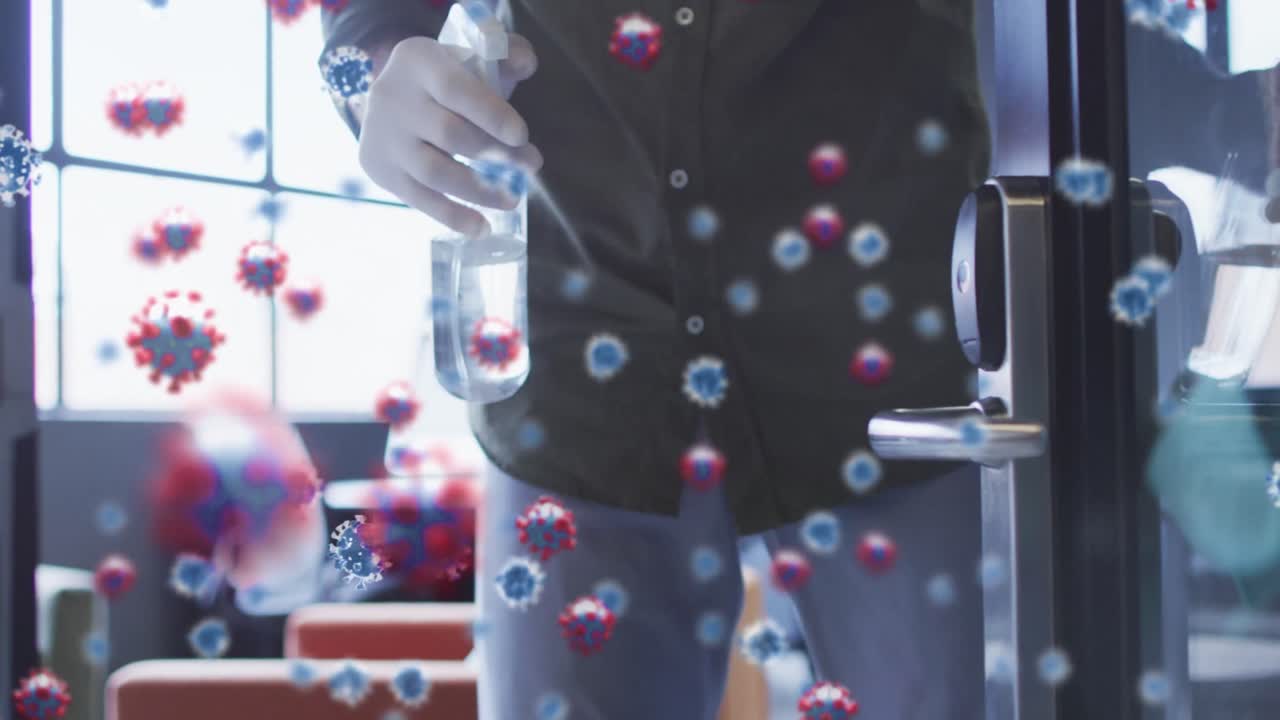 백인 남성 위의 바이러스 세포의 애니메이션 소독실