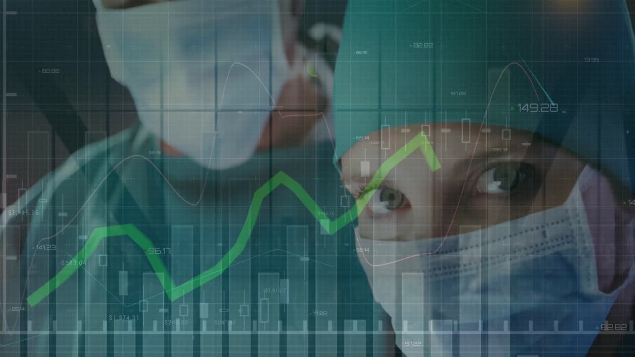 Animatie van digitale gegevensverwerking over chirurgen in de operatiekamer