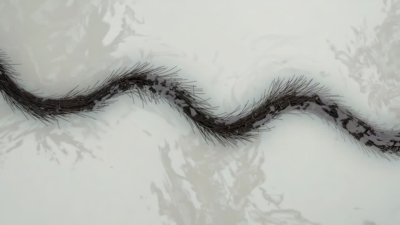 Moving as wave starts, sinuous band moving right across pale surface, hairs flaring marks shifting