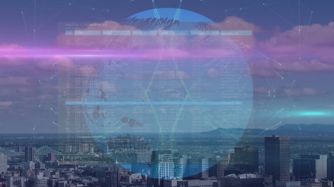 도시 풍경의 공중 전망에 대해 회전하는 지구상에서 데이터 처리와 인터페이스의 애니메이션