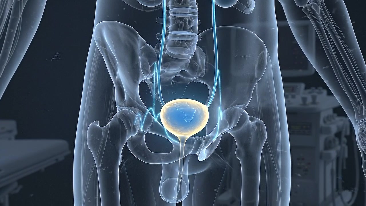 Urinary bladder glowing blue inside transparent male pelvic anatomy in medical view