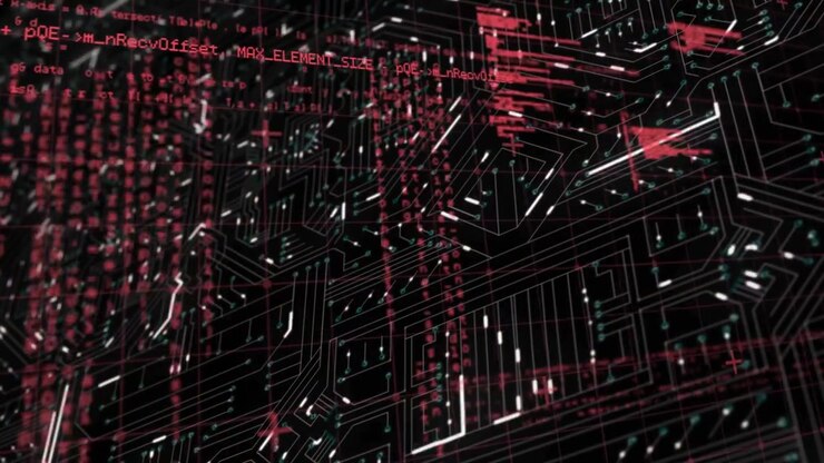 Animation of computer circuit board over data processing on black background