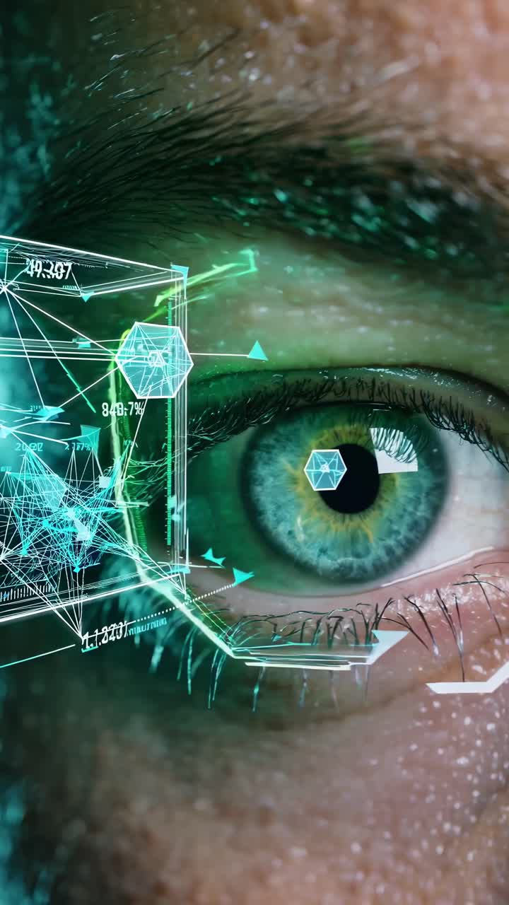 Close-up of a human eye with digital HUD overlays, showcasing futuristic technology