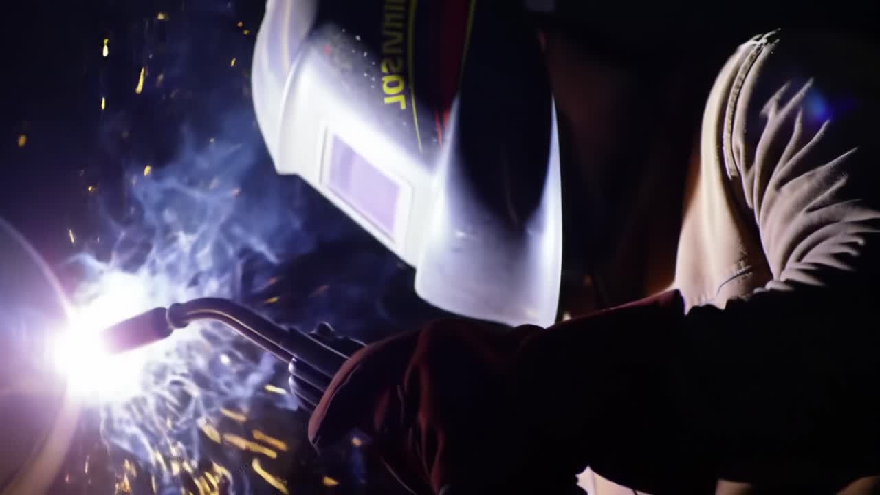 Welding Sparks Flying During Metal Fabrication at Night in Industrial Workshop