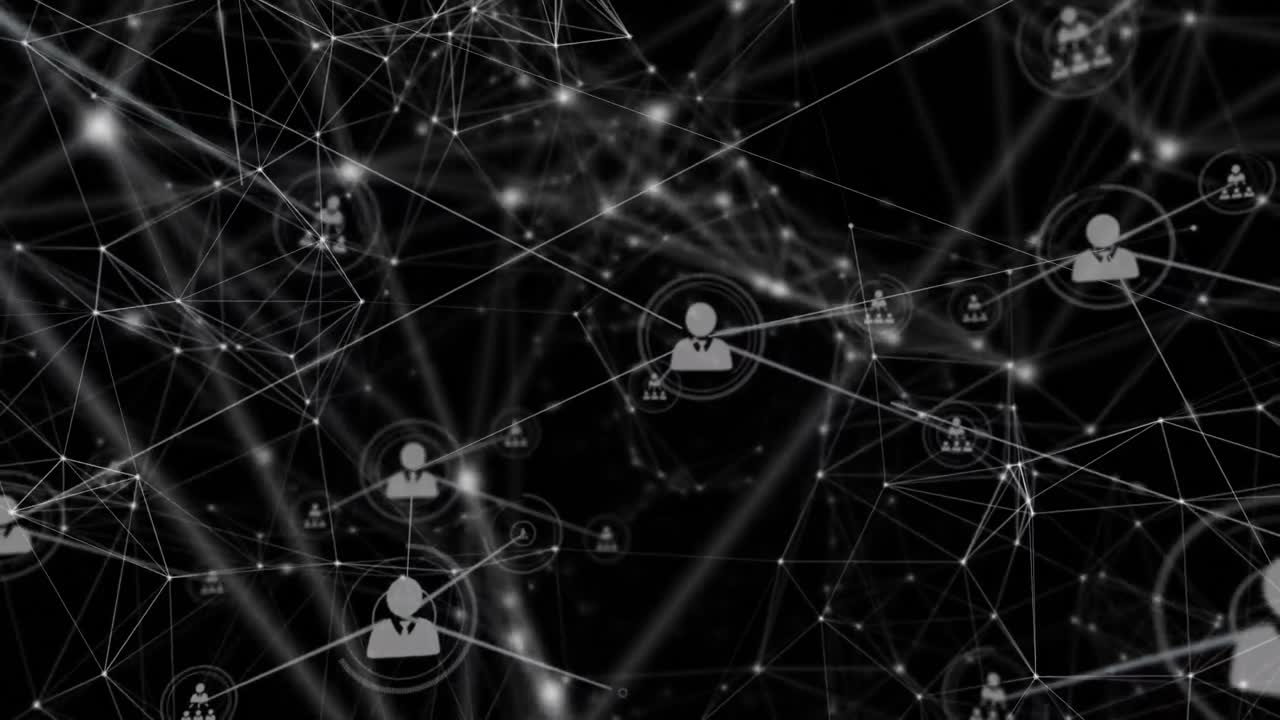 Animation of network of connections with icons on black background