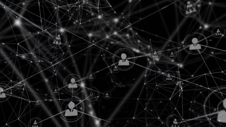 Animazione di rete di connessioni con icone su sfondo nero
