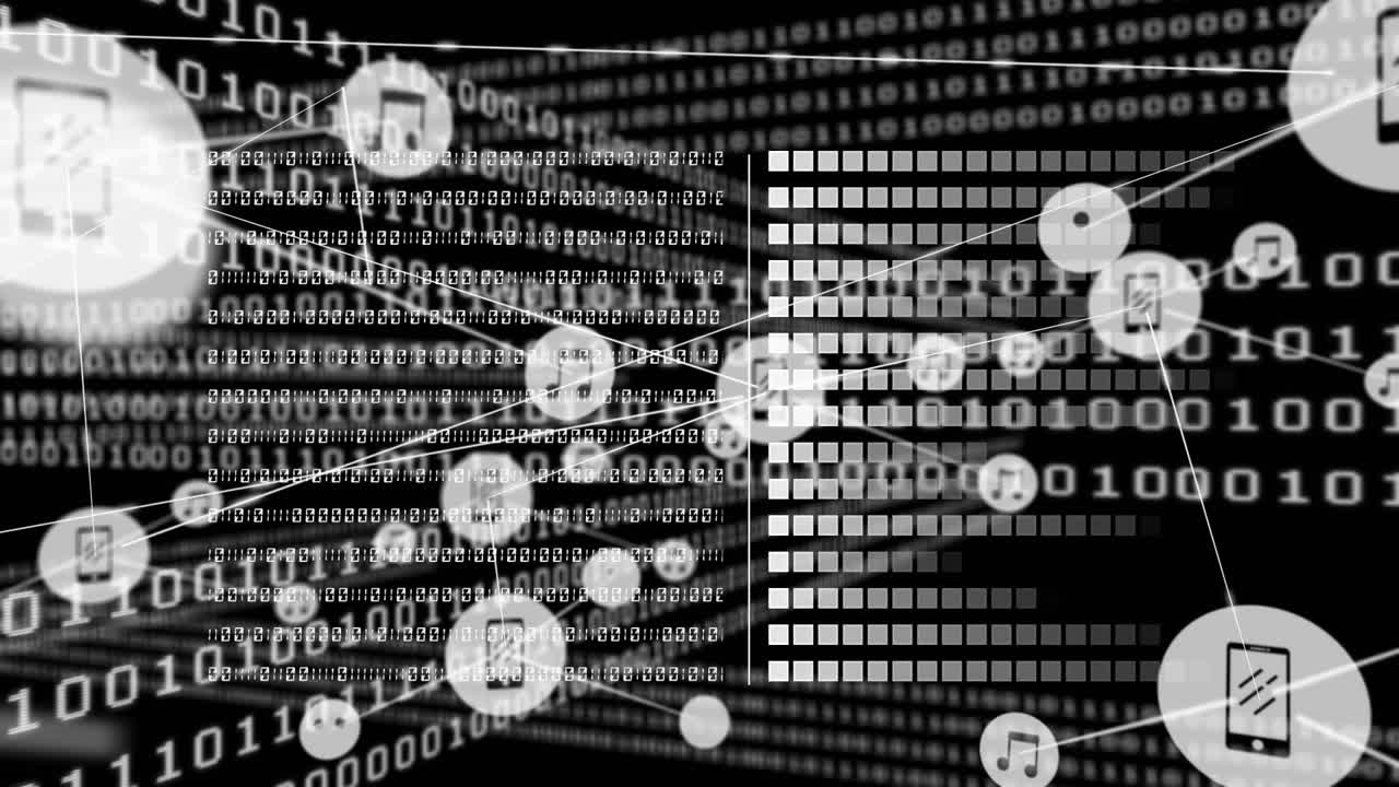 Animation of network of connection with icons over black background with binary code