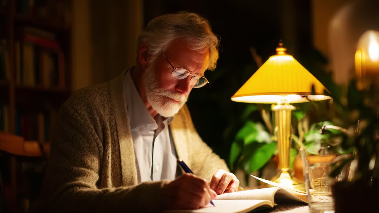 An elderly man surrounded by a cozy atmosphere, engrossed in writing at a desk illuminated by a warm lamp, embodying a moment of reflection, creativity, and tranquility in his serene environment