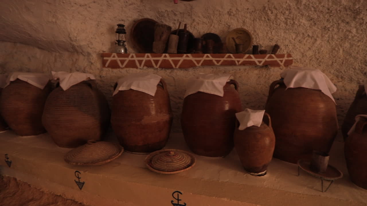 Clay jars and baskets line the shelves inside an ancient Ksar house in Tunisia