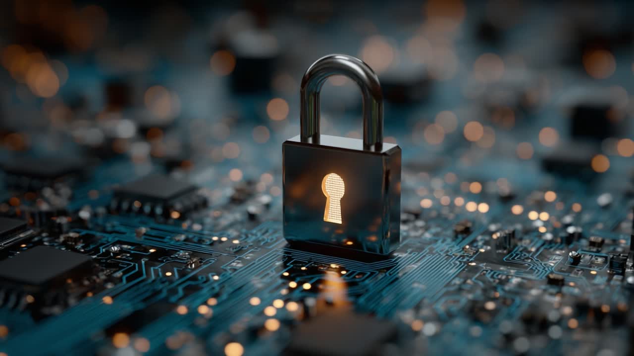 A gleaming metallic padlock featuring a keyhole stands prominently on a circuit board background, symbolizing cybersecurity and data protection in a digital landscape