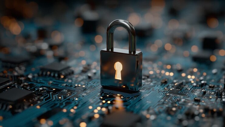A gleaming metallic padlock featuring a keyhole stands prominently on a circuit board background, symbolizing cybersecurity and data protection in a digital landscape