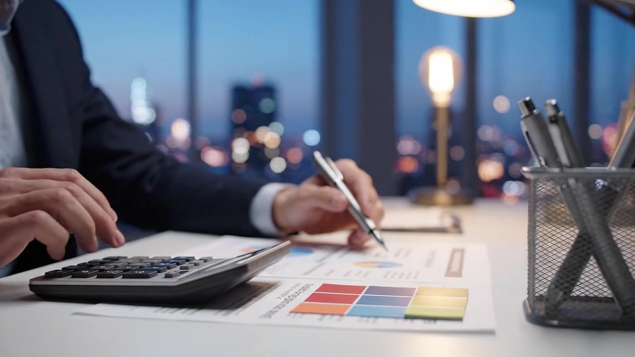 Analyzing Business Metrics and Financial Data: A Professional at Work Using a Calculator and Notepad with Color Charts in a Modern Office Setting