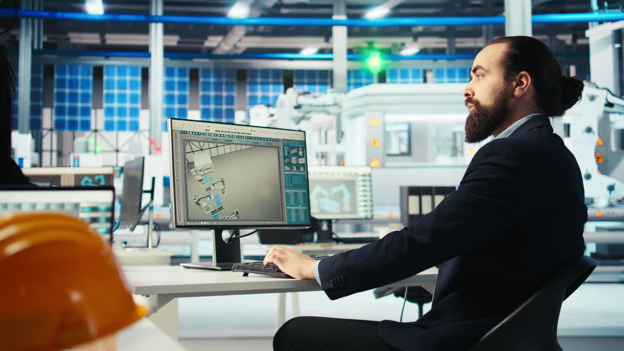 Photovoltaics factory manager brainstorms with colleague, analyzing data