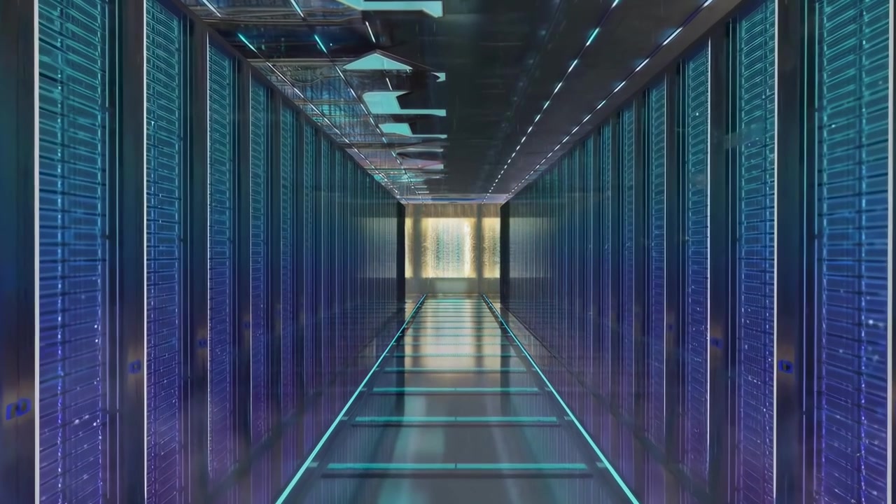 Futuristic Data Center Corridor with Glowing Server Racks