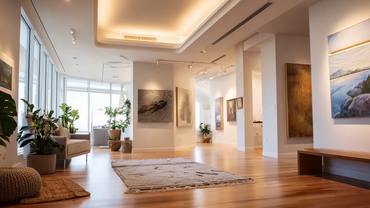 A Modern Art Gallery Interior Showcasing Contemporary Paintings and Elegant Design Features with Natural Lighting and Inviting Atmosphere for Art Enthusiasts