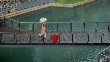 walking, morning and women on bridge during rain