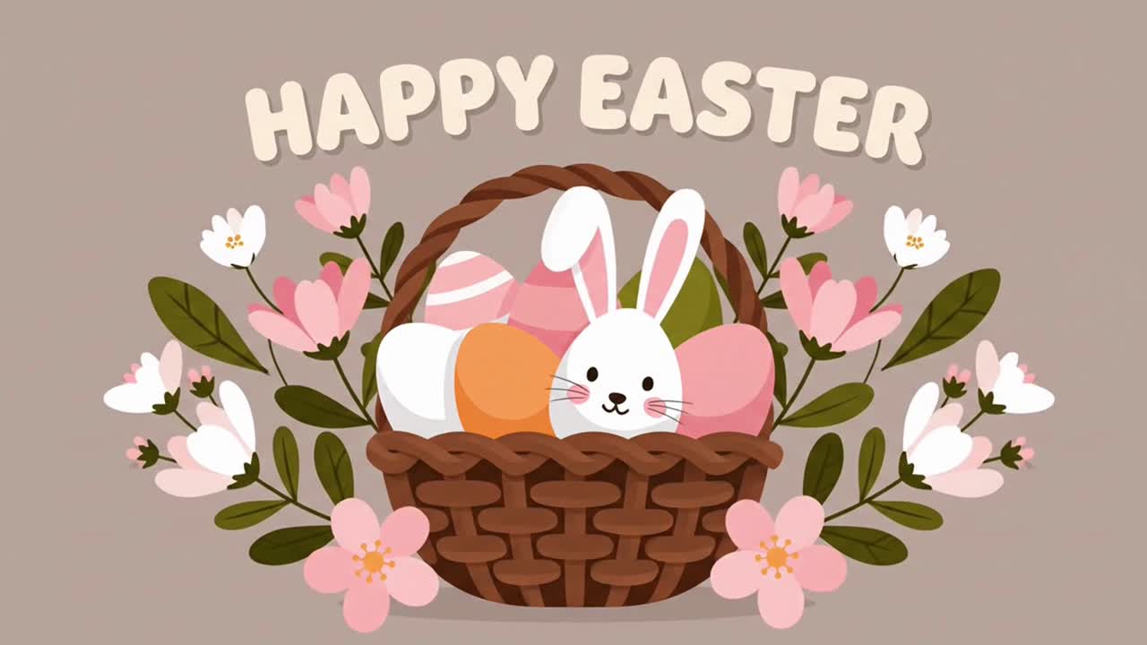 Happy easter bunny animation with eggs and flowers